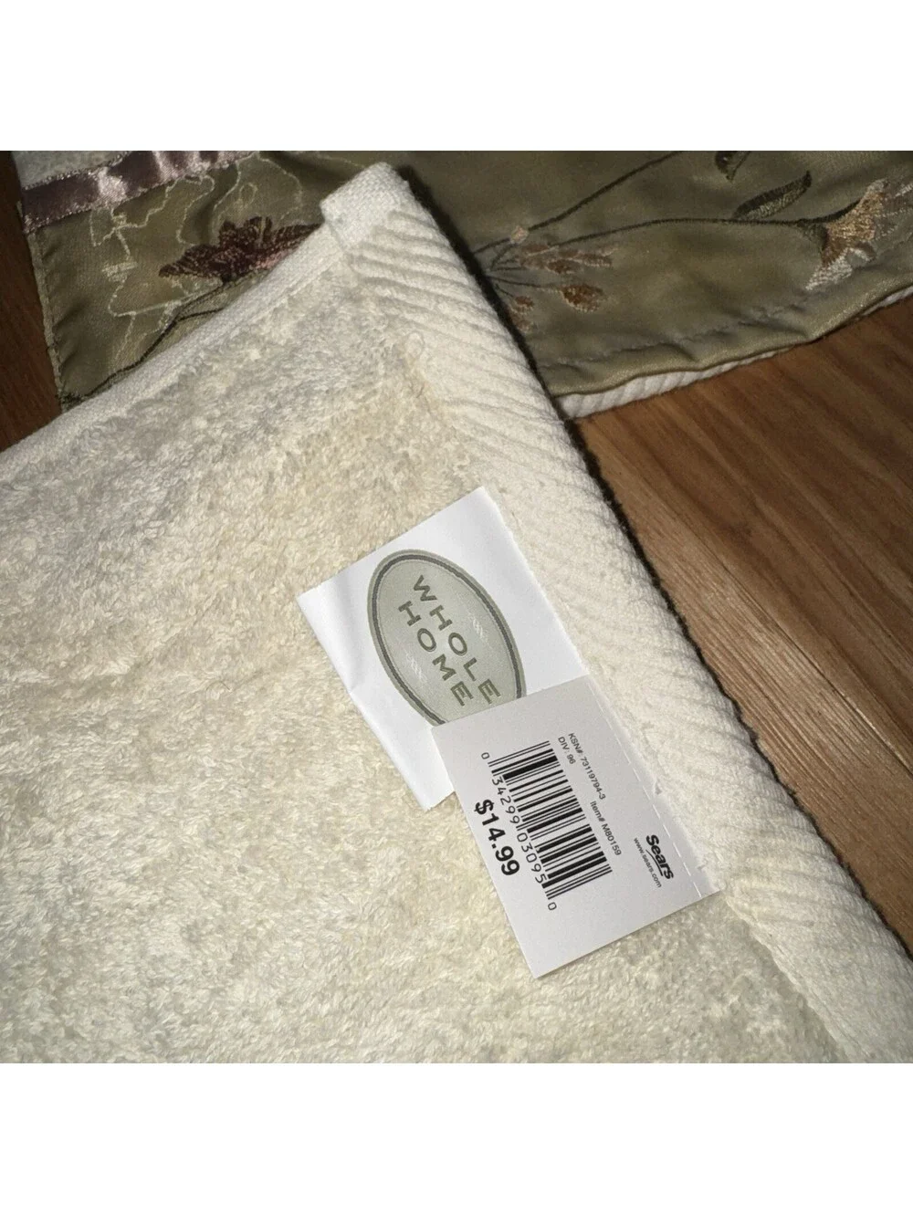 NOS Whole Home Bath Towel Set Floral Embroidered 5-piece Ivory Green Cotton